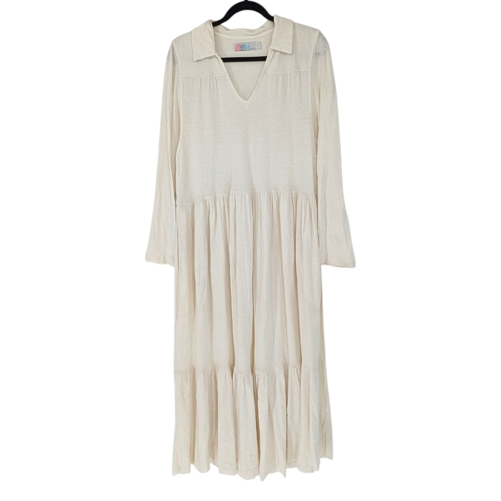 Free People FP Beach Collared Tiered Maxi Dress | XS | Cream Cotton Hemp V-neck